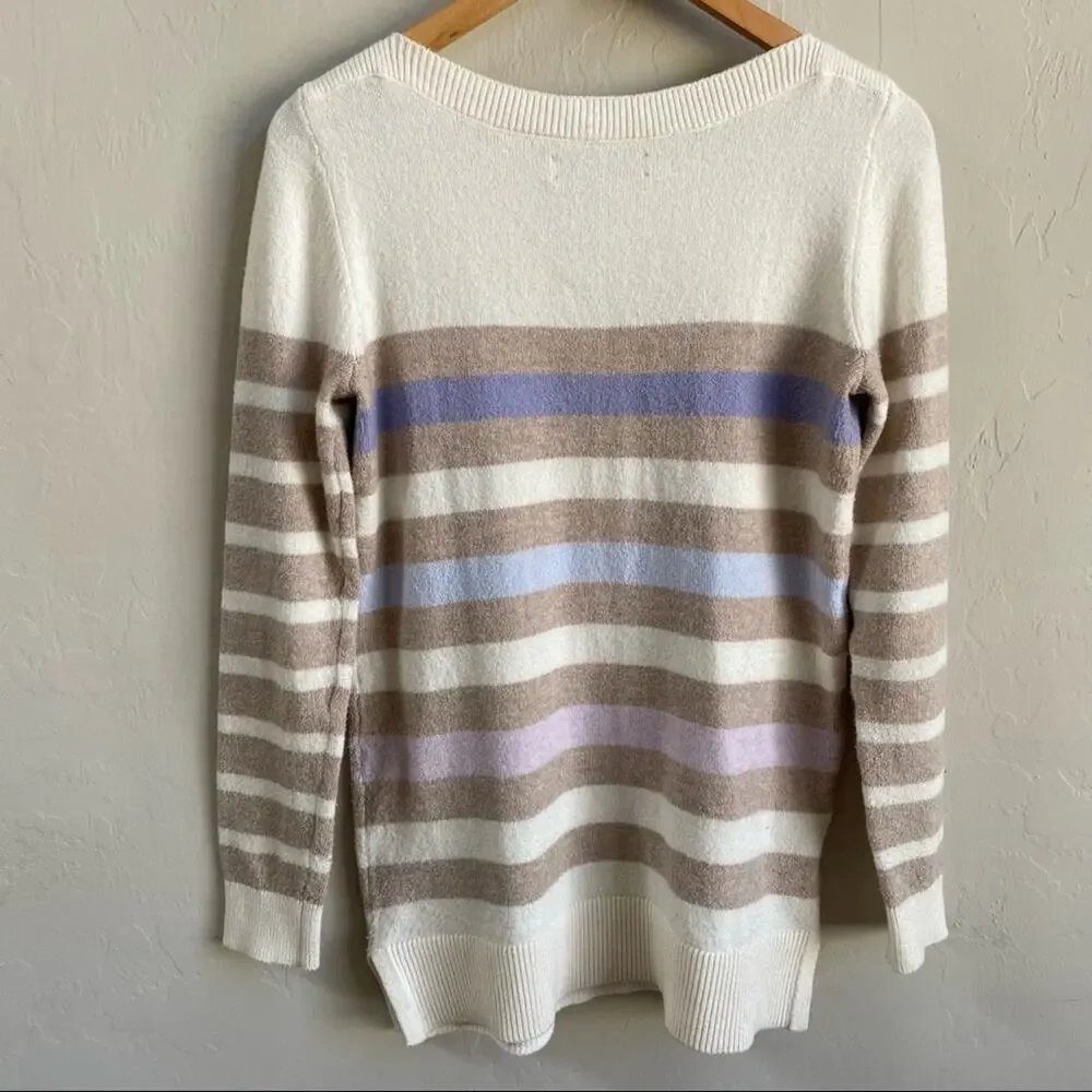 LOFT Cream Multicolor Stripe Wool‎ Blend Crewneck Sweater